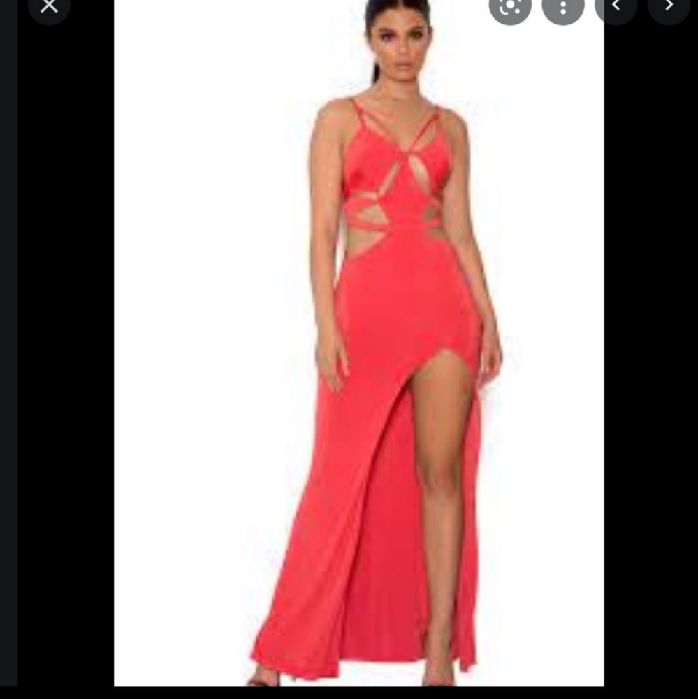 House of CB "ARDELLE' DARK CORAL THIGH SLIT MAXI DRESS S